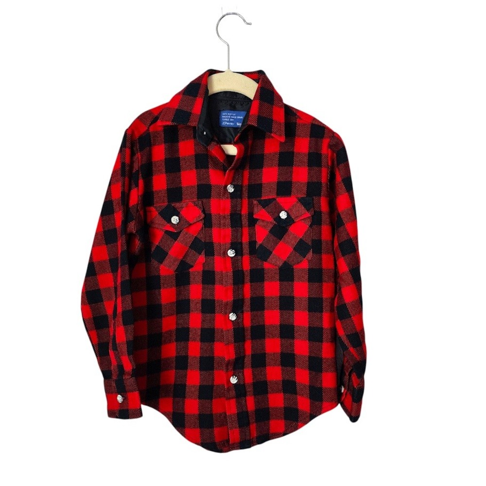 JCPENNEY x VINTAGE Boys Buffalo Plaid Flannel Button-Up Shirt Red Black Size 8